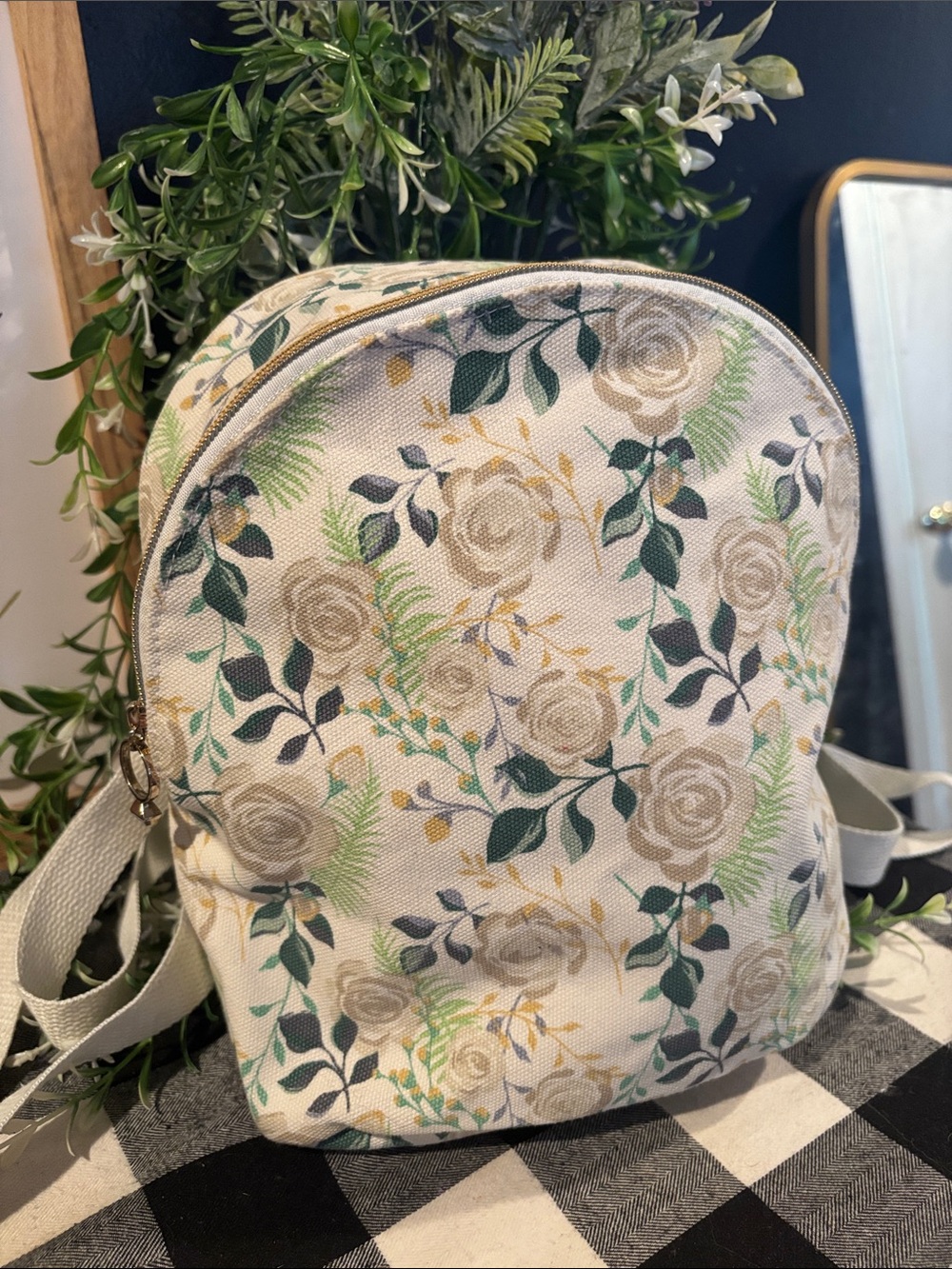 Floral Canvas Mini Backpack - Cream Rose Print